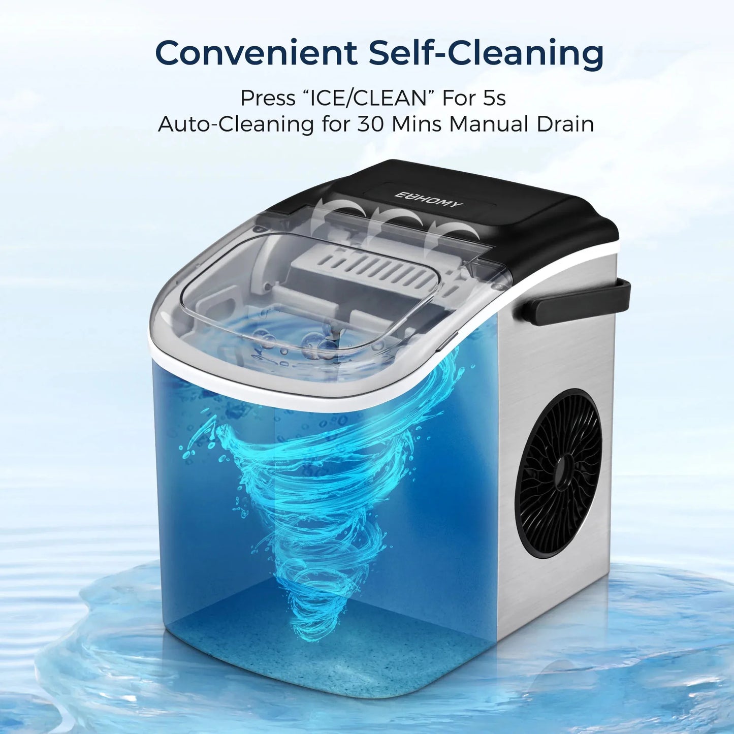 Euhomy Countertop Ice Maker Machine with Handle 26 Pounds Per 24 Hours 9 Cubes in 6 Minutes Auto Cleaning Portable Ice Maker Silver