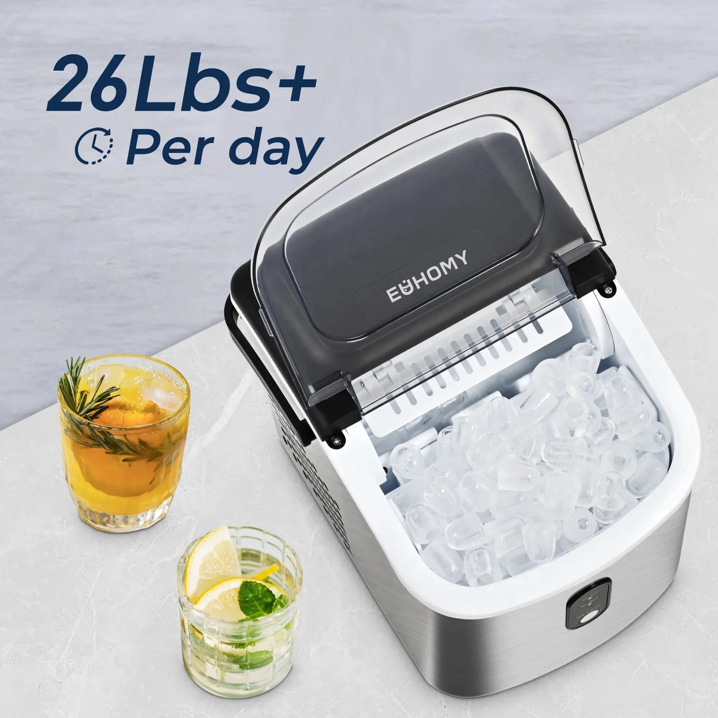 Euhomy Countertop Ice Maker Machine with Handle 26 Pounds Per 24 Hours 9 Cubes in 6 Minutes Auto Cleaning Portable Ice Maker Silver