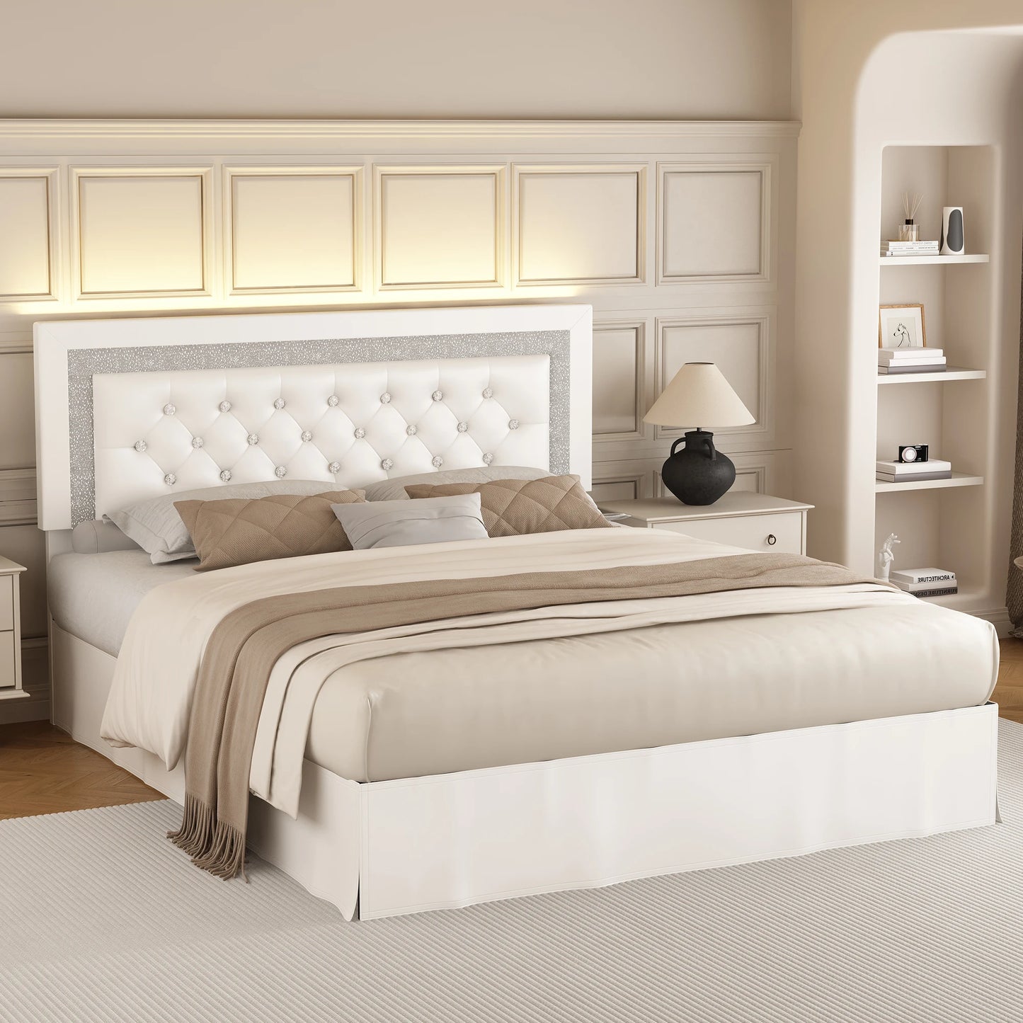 SIBEDS Queen Bed Frame With LED Lights And Adjustable Headboard Wood Slats