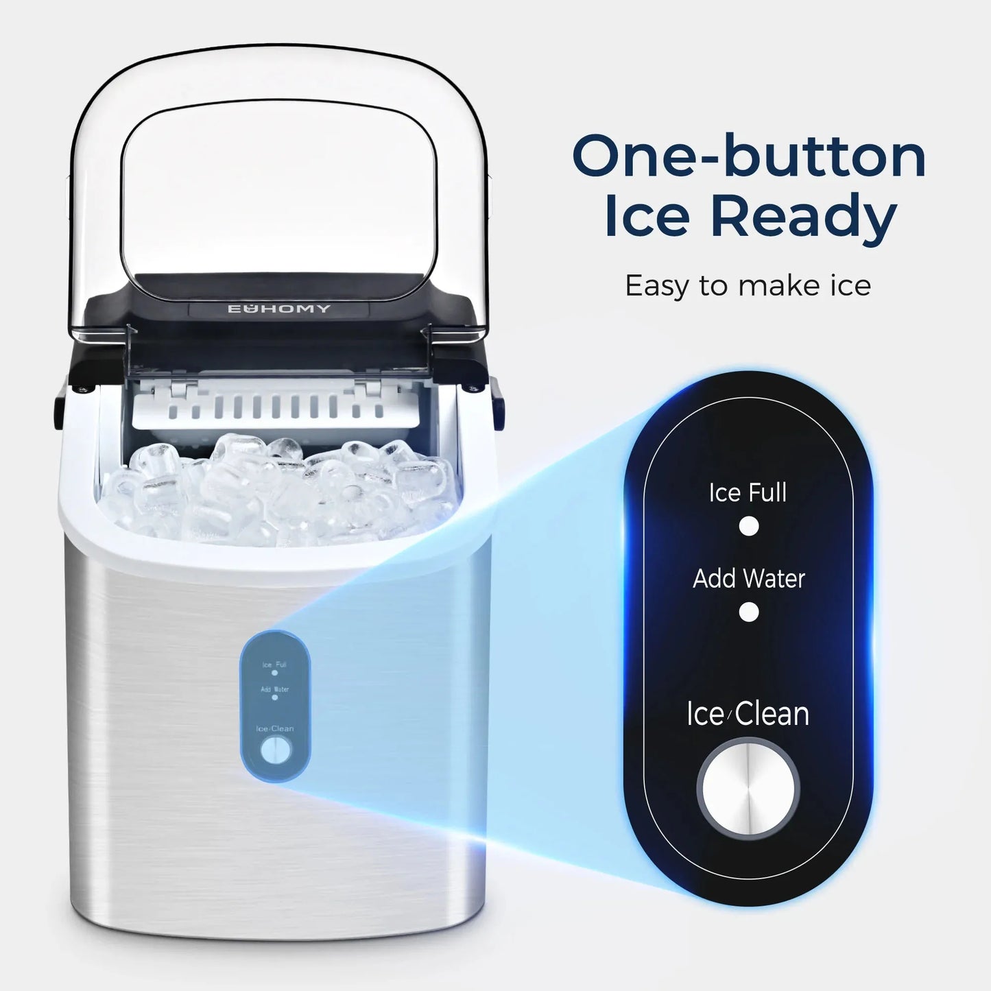 Euhomy Countertop Ice Maker Machine with Handle 26 Pounds Per 24 Hours 9 Cubes in 6 Minutes Auto Cleaning Portable Ice Maker Silver