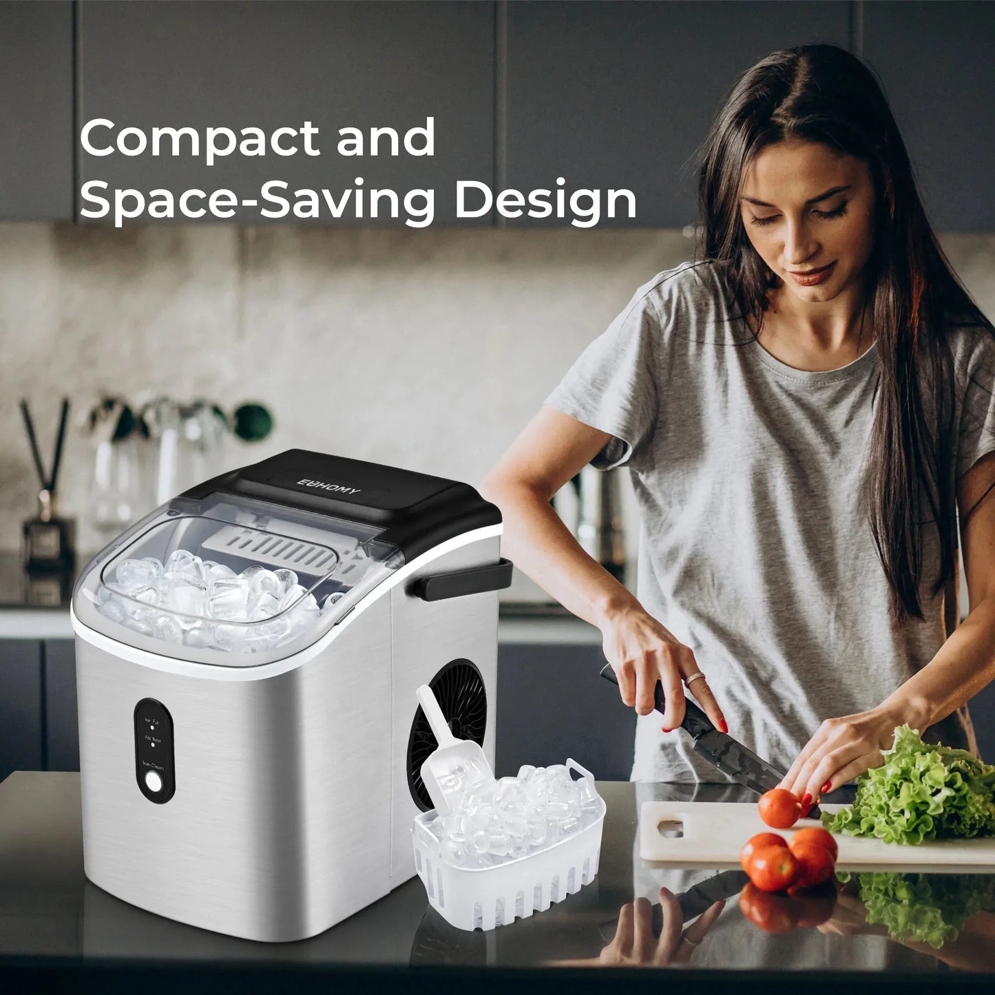 Euhomy Countertop Ice Maker Machine with Handle 26 Pounds Per 24 Hours 9 Cubes in 6 Minutes Auto Cleaning Portable Ice Maker Silver