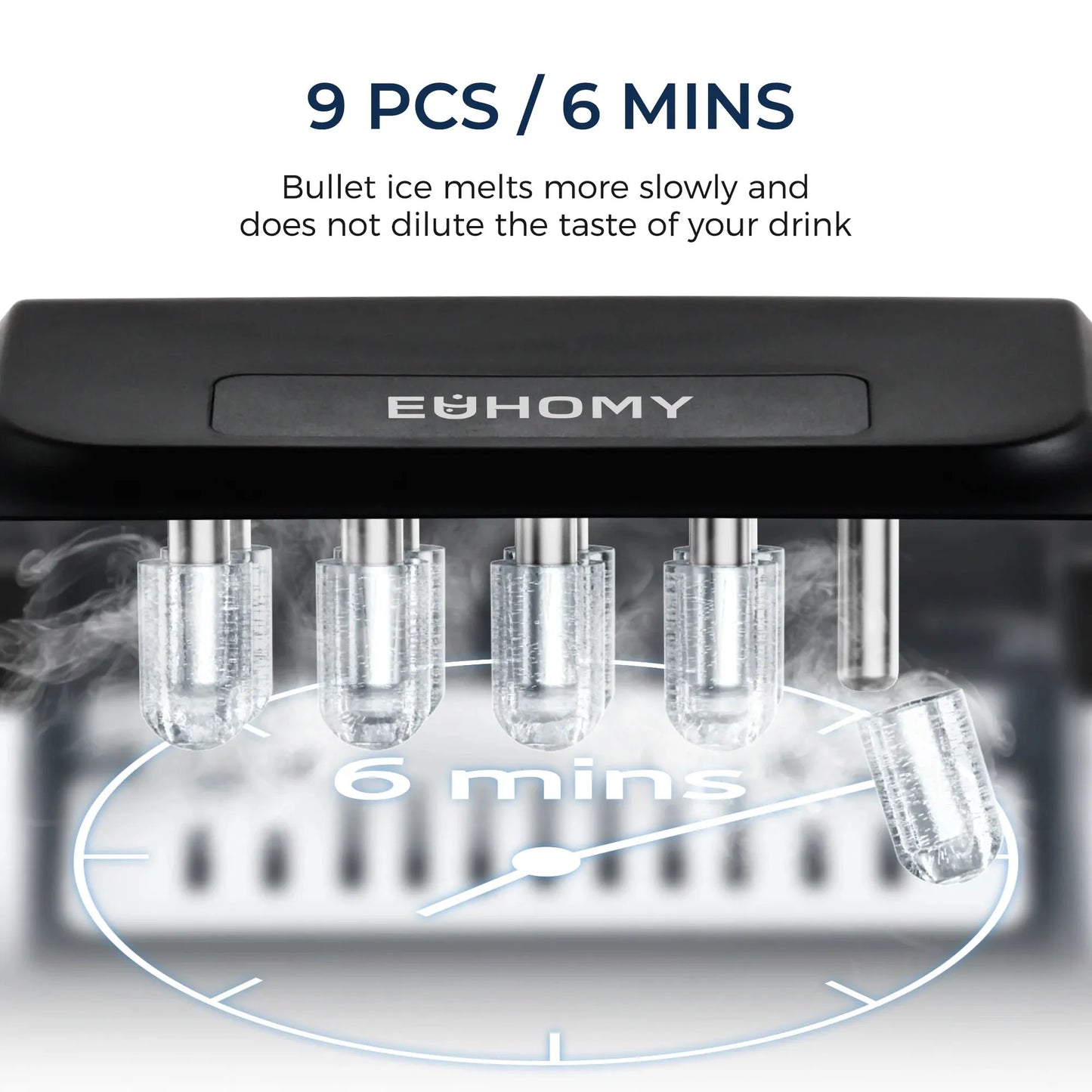 Euhomy Countertop Ice Maker Machine with Handle 26 Pounds Per 24 Hours 9 Cubes in 6 Minutes Auto Cleaning Portable Ice Maker Silver