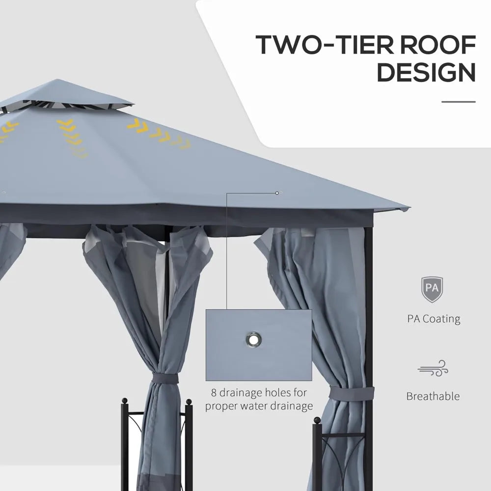 11 Foot x 13 Foot Patio Gazebo Double Roof Outdoor Canopy Shelter with Netting and Curtains Steel Corner Columns for Garden and Lawn