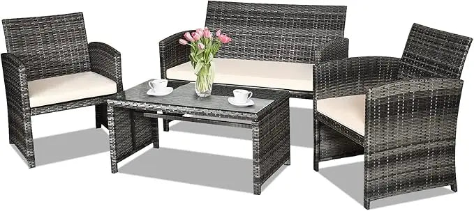 4 Piece Rattan Patio Furniture Set Outdoor Wicker Conversation Sofa with Weather Resistant Cushions and Tempered Glass Tabletop