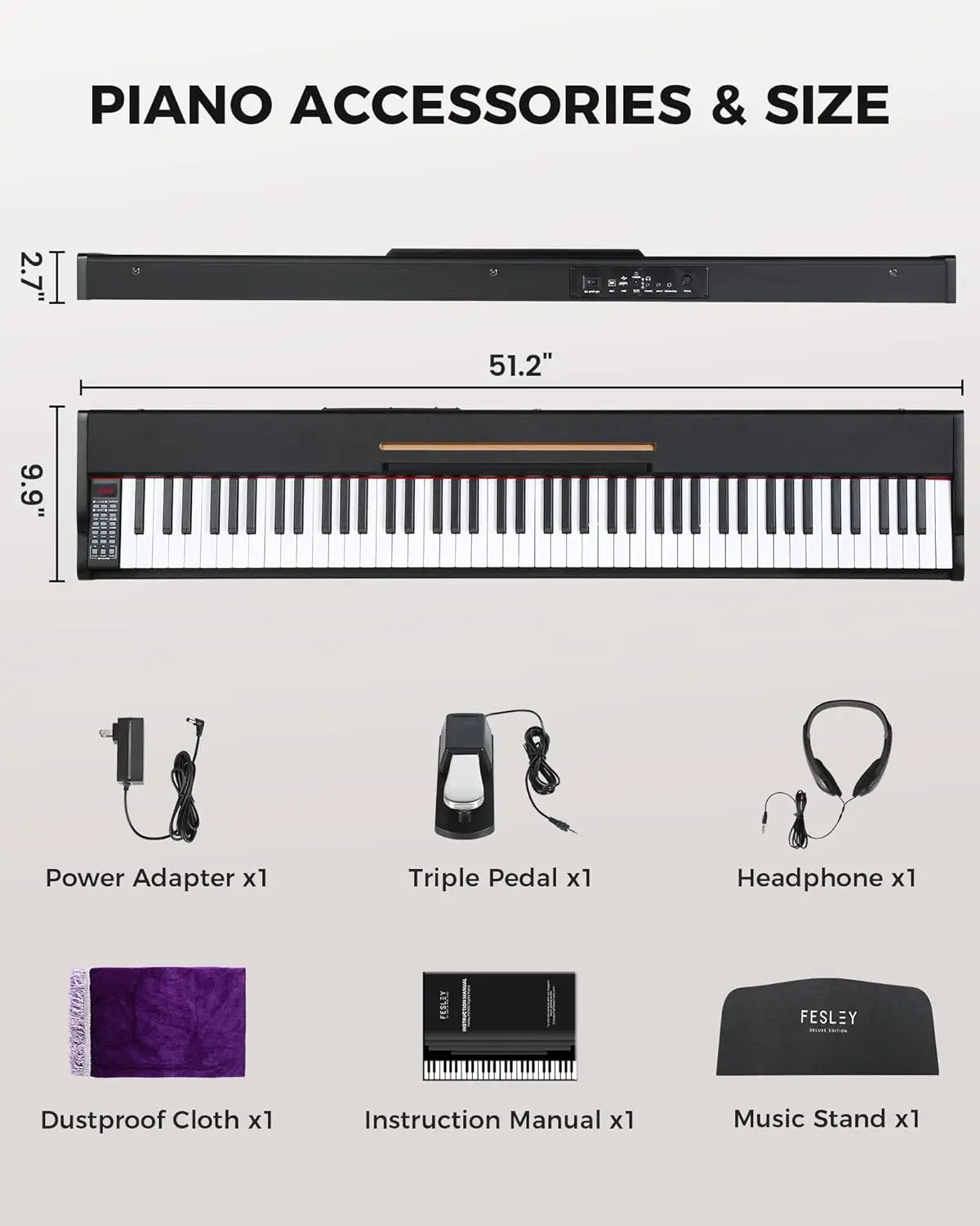Fesley Weighted Piano Keyboard 88 Keys Full Size Electric Keyboard Piano for Beginners Portable with Sustain Pedal