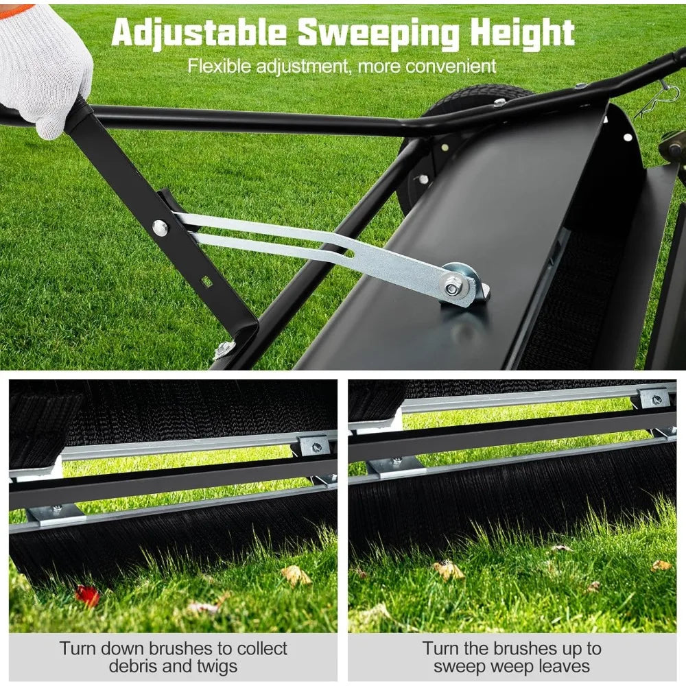 42 Inch Lawn Sweeper Tow Behind Yard Sweeper with 26 Cubic Feet Large Capacity Hopper Bag and Dumping Rope