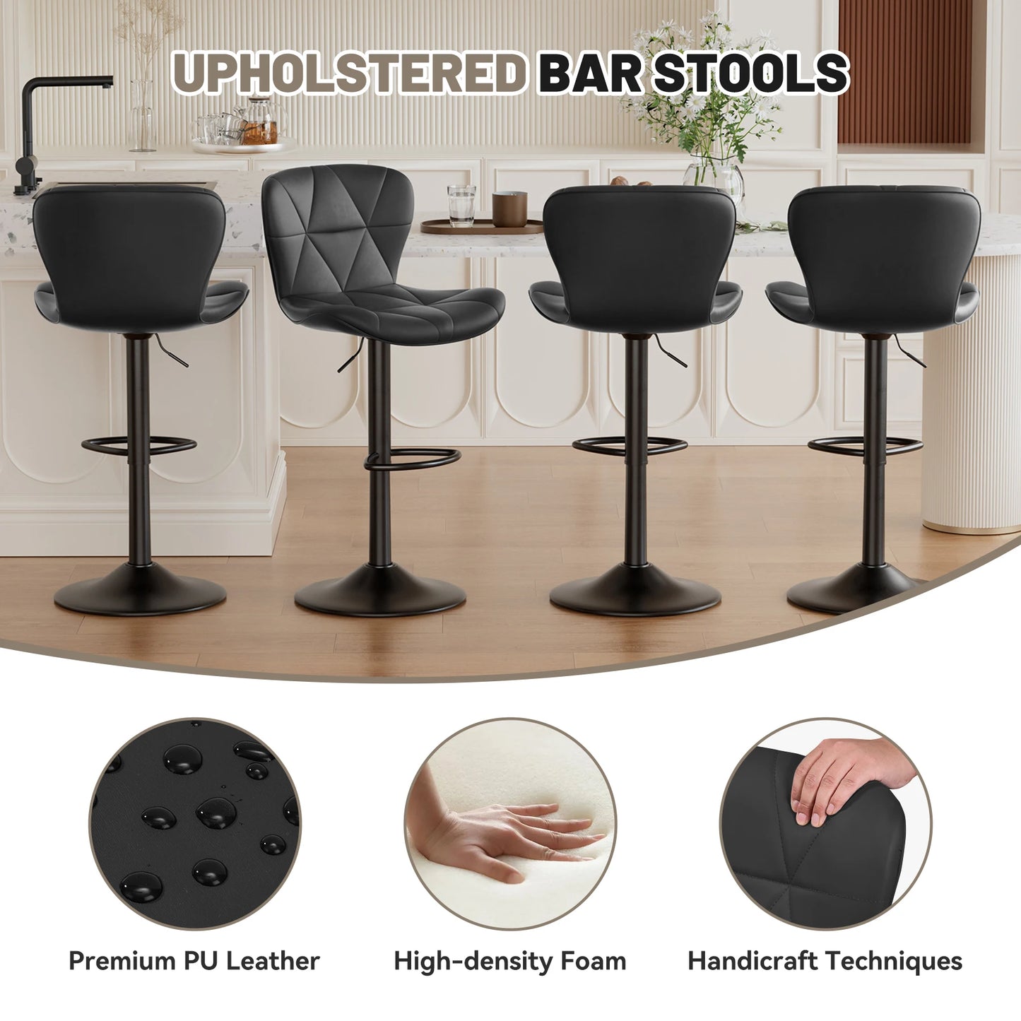 2 Pcs Bar Chair 360 Degree Rotation Adjustable Height Faux Leather Upholstered with Backrest Modern Bar Furniture for Dining Room Kitchen
