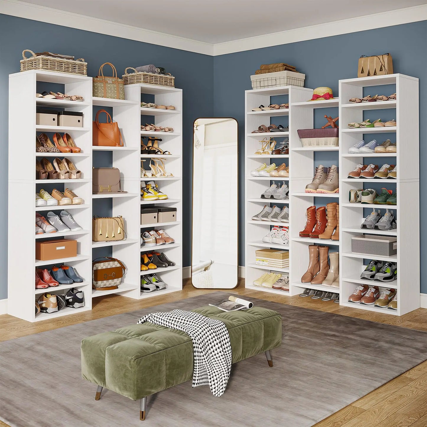 Tribesigns 14 Tier Shoe Rack Freestanding Tall Shoe Shelf White Wooden Shoe Storage Cabinet with 22 Open Cubbies 46 Pairs Wide