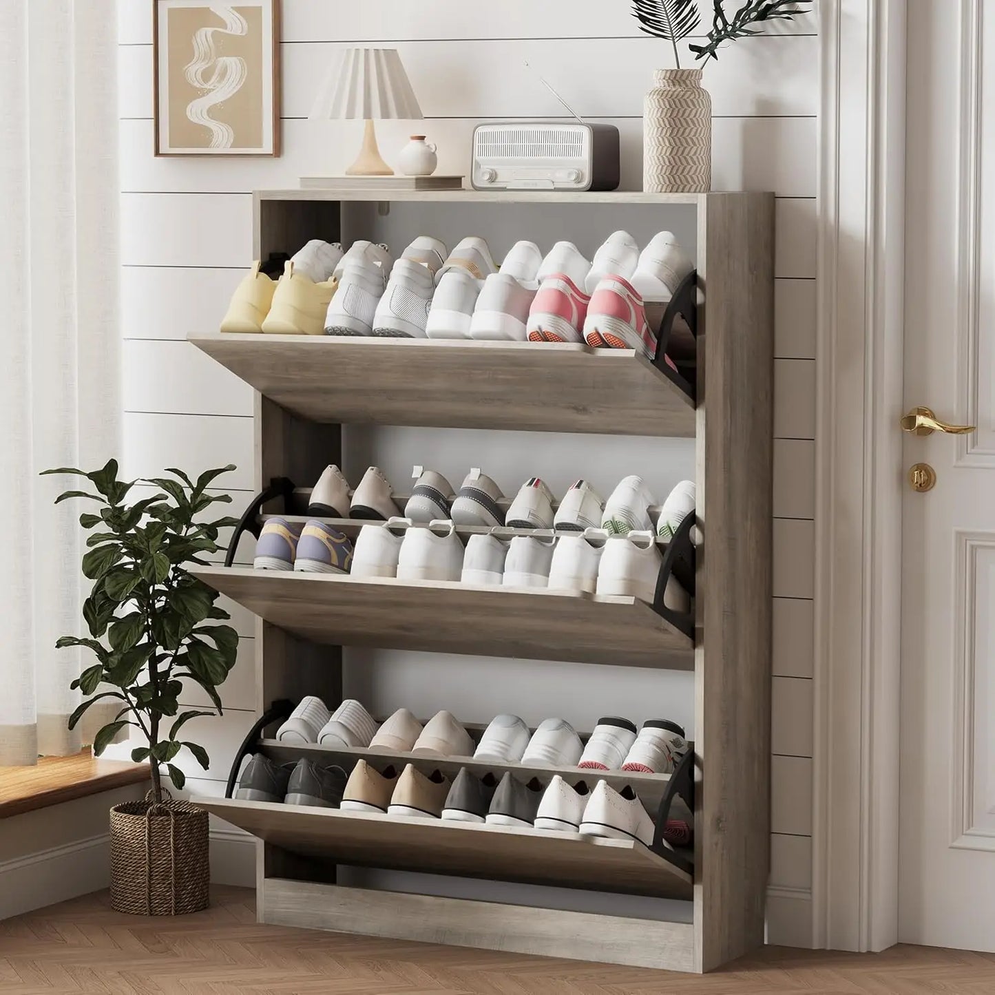 Entryway Wooden Shoe Storage Cabinet With 3 Flip Drawers