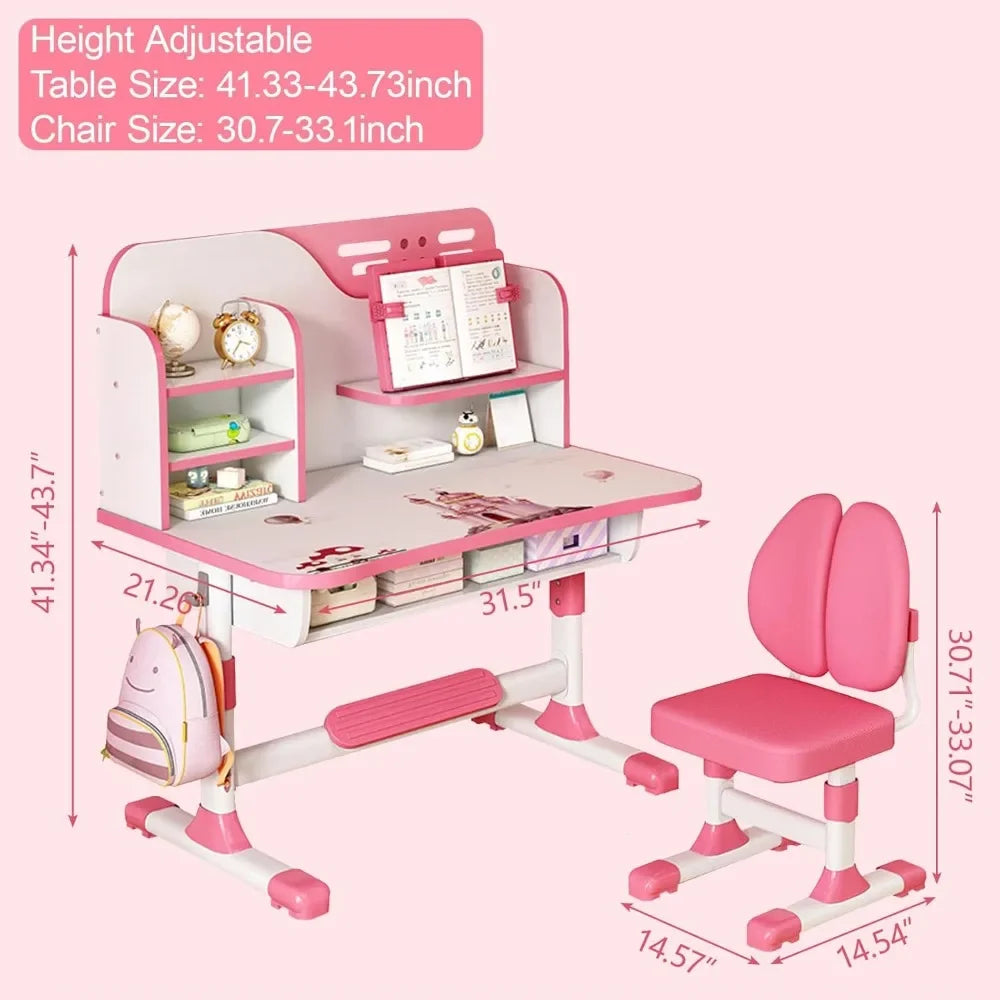 Kids Adjustable Study Table And Chair Set With Bookshelf