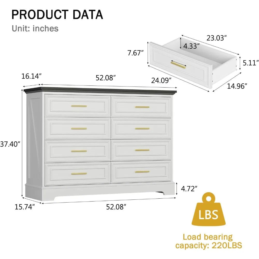 8 Drawer Dresser for Bedroom 52 Inch Wide Long Chest of Drawers Modern Wood TV Stand White Farmhouse Dresser for Living Room