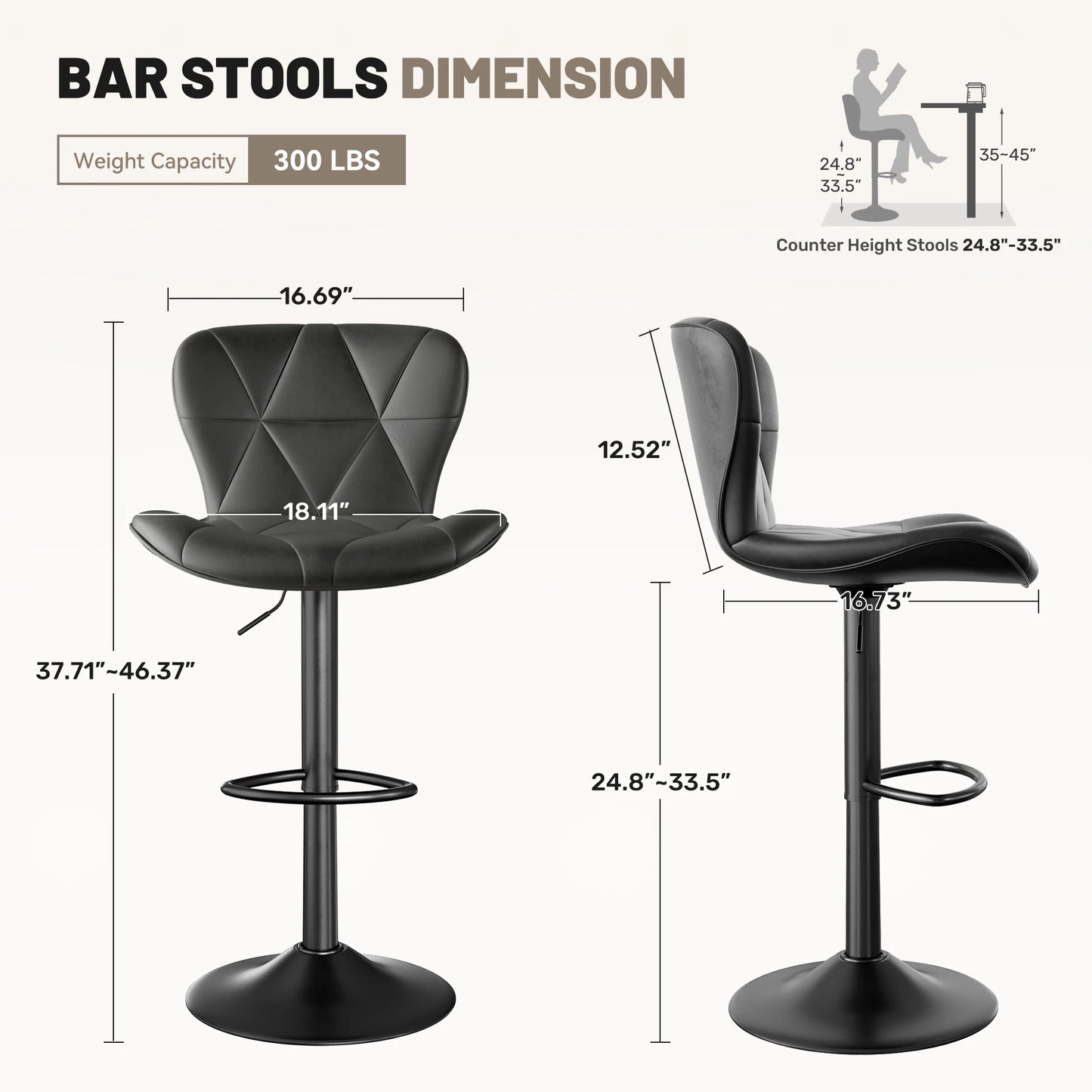 2 Pcs Bar Chair 360 Degree Rotation Adjustable Height Faux Leather Upholstered with Backrest Modern Bar Furniture for Dining Room Kitchen