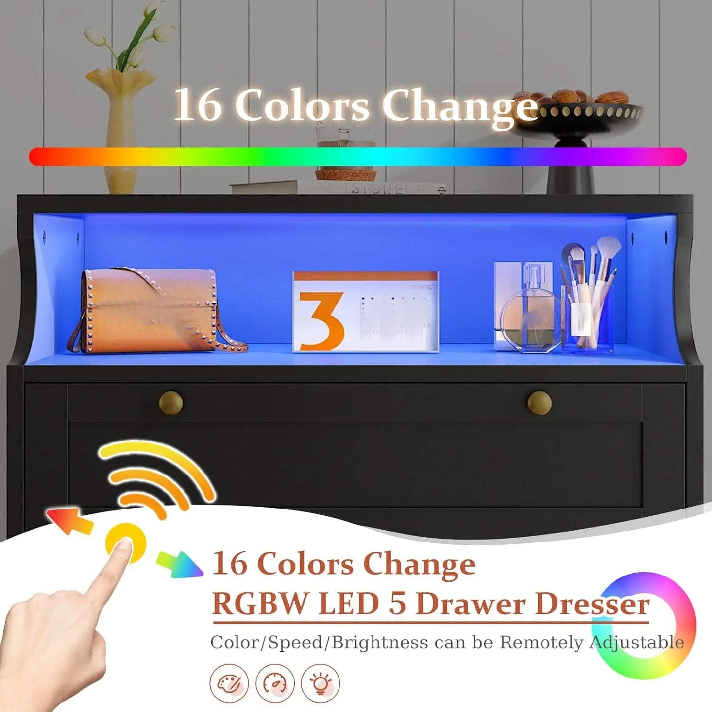 Black Dresser with 5 Drawers for Bedroom,Tall Dresser with LED Lights and 2 Shelves,Dressers & Chests of Drawers for Hallway