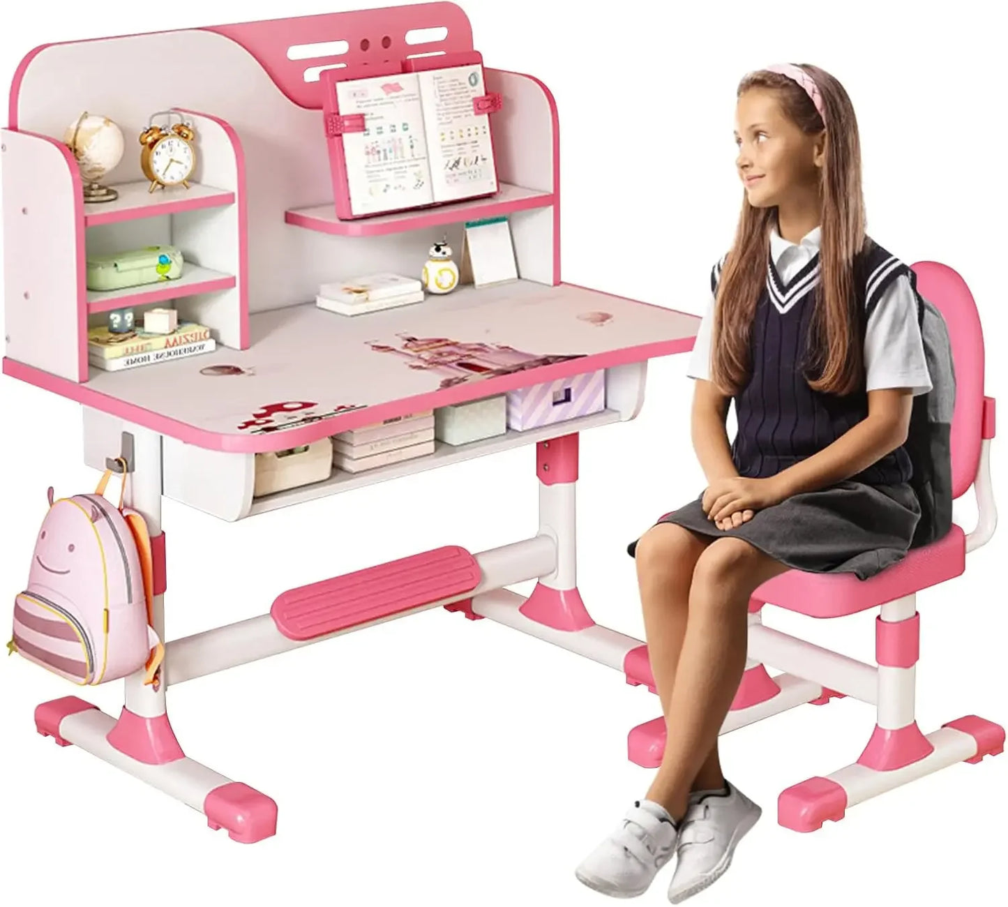 Kids Adjustable Study Table And Chair Set With Bookshelf