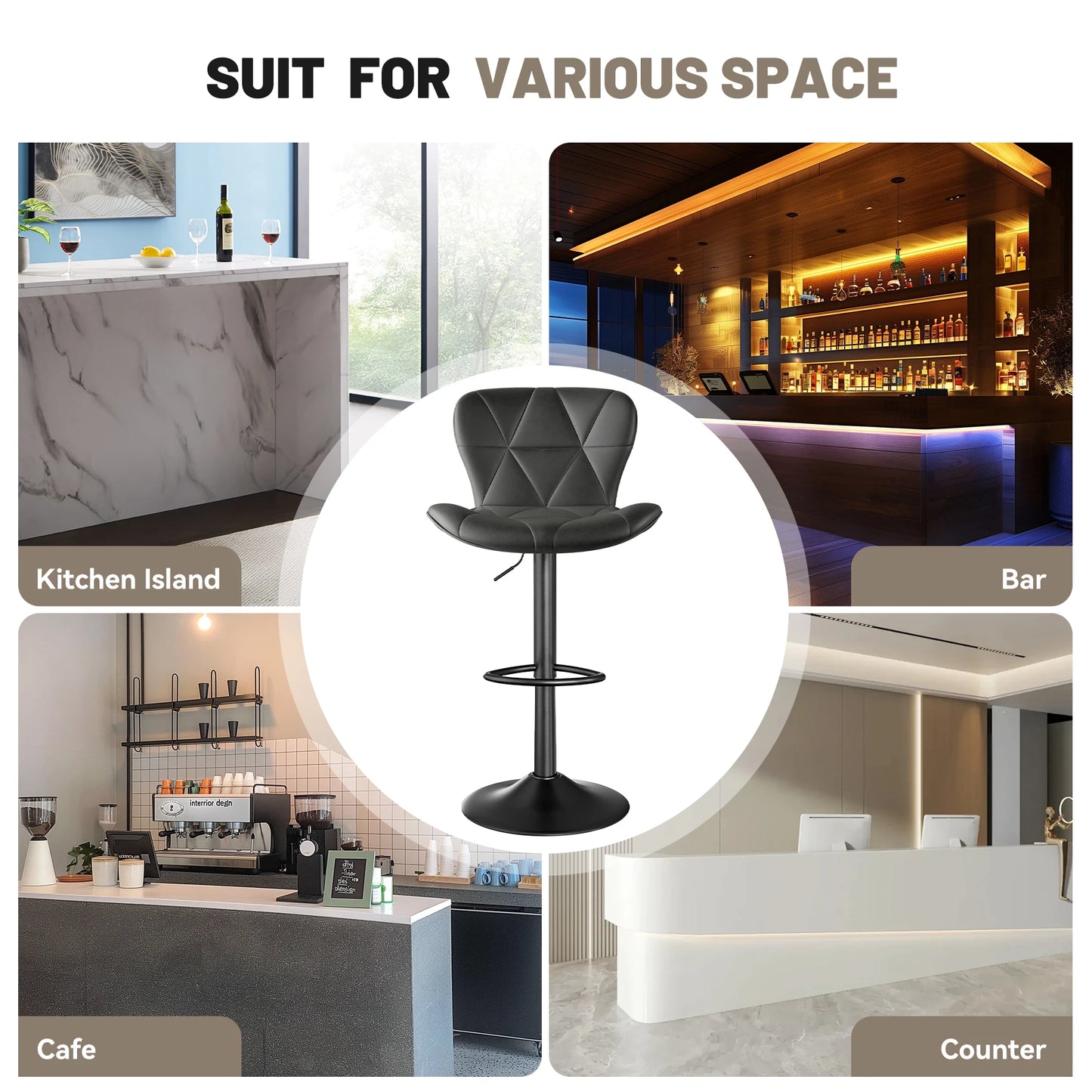 2 Pcs Bar Chair 360 Degree Rotation Adjustable Height Faux Leather Upholstered with Backrest Modern Bar Furniture for Dining Room Kitchen