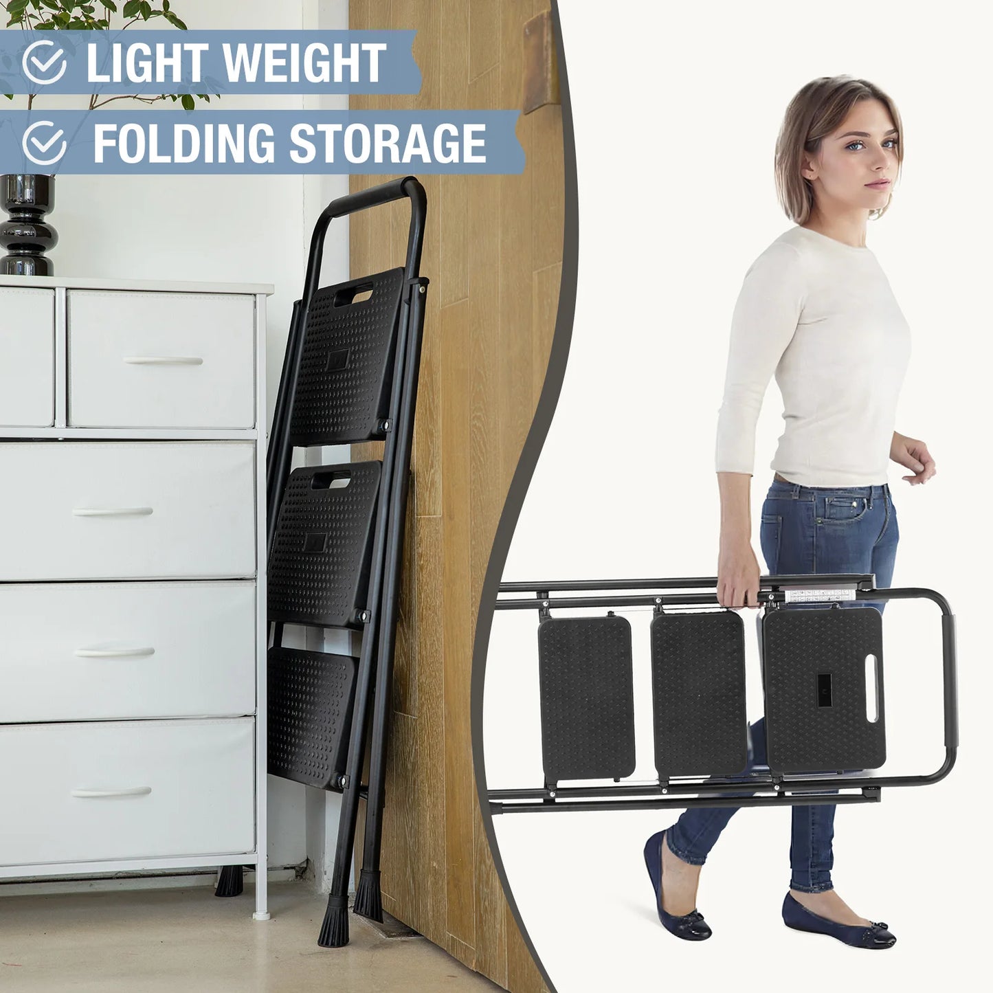 JHK Folding 2/3 Step Ladder Stool with Anti Slip Pedal 800 Pounds Capacity Sturdy Steel Portable Cushioned Handle for Kitchen Home