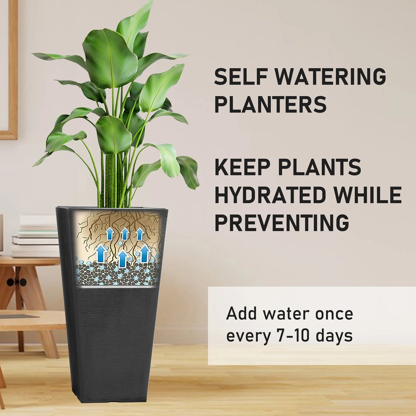 22.6 Inch Square Plastic Plant Pots 2-Pack with Drainage Holes and Saucers Durable Large Garden Pots for Indoor and Outdoor Plants