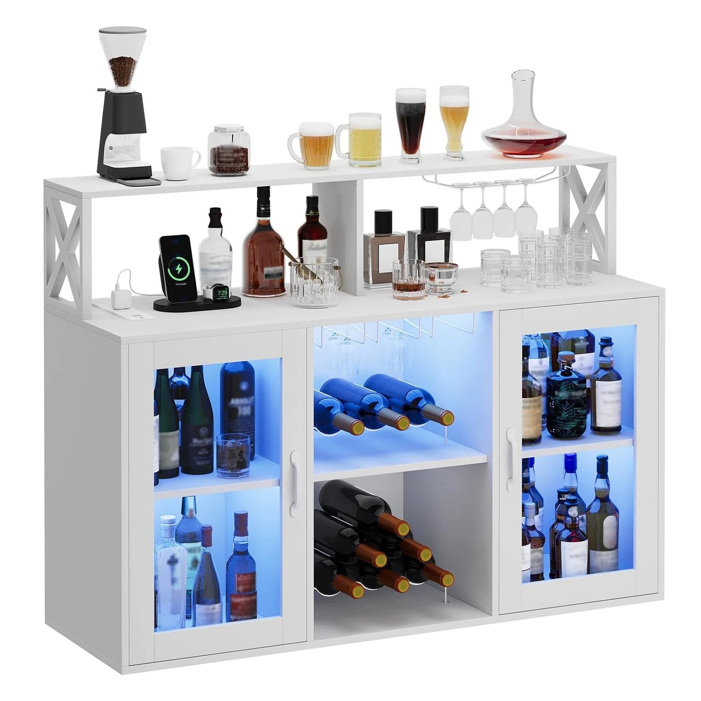 Wine Bar Cabinet with Wine Rack Glass Holder Coffee Bar Storage Cabinet with LED Lights for Home Kitchen Living Room Dining Room