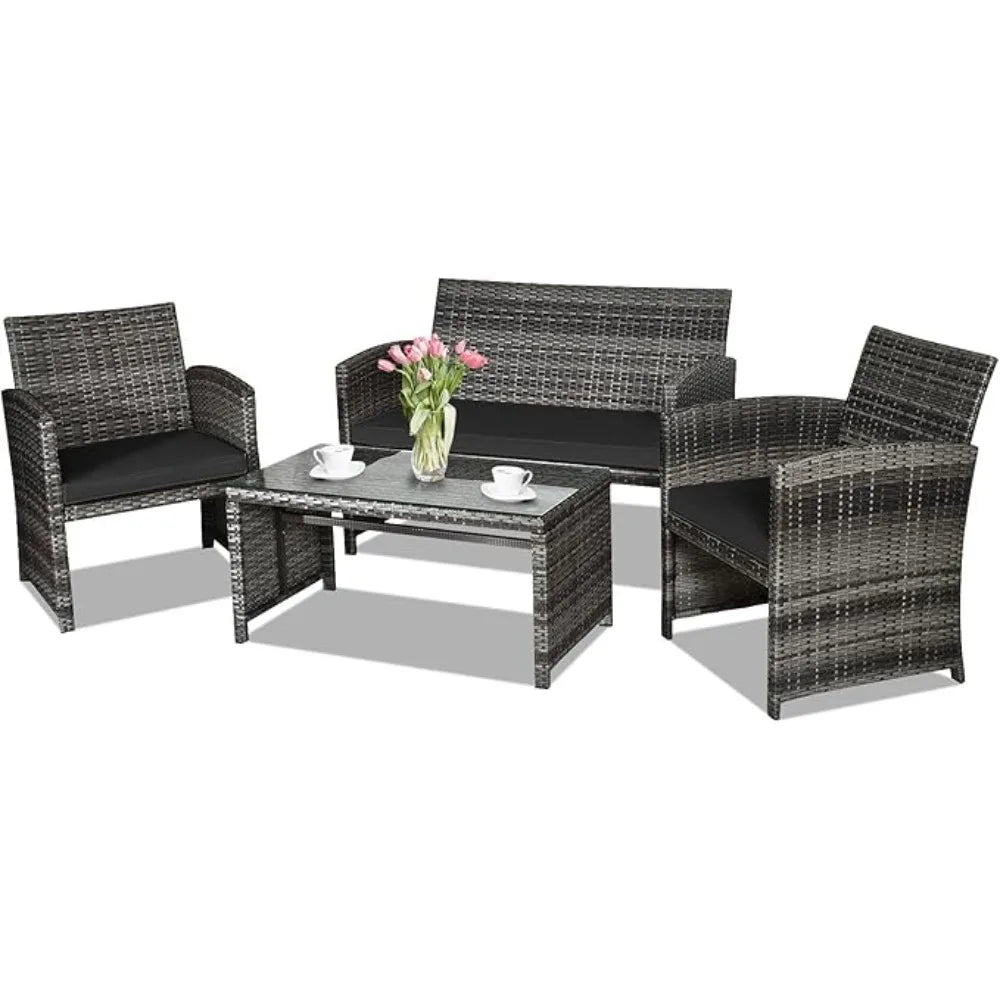 4 Piece Rattan Patio Furniture Set Outdoor Wicker Conversation Sofa with Weather Resistant Cushions and Tempered Glass Tabletop