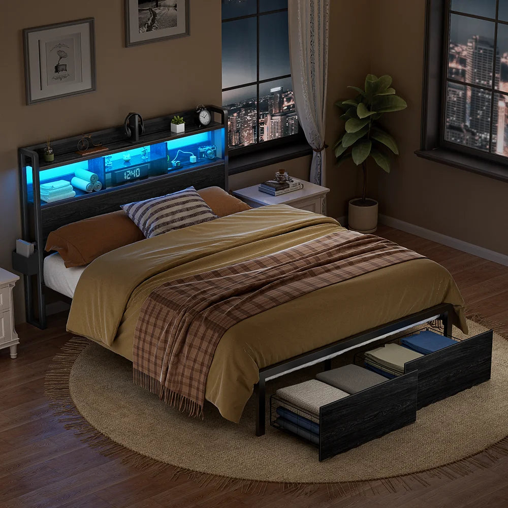 Full Queen Size Bed Frame with Storage Headboard Metal Platform Bed Frame with Storage Drawers LED Lights and Charging Station