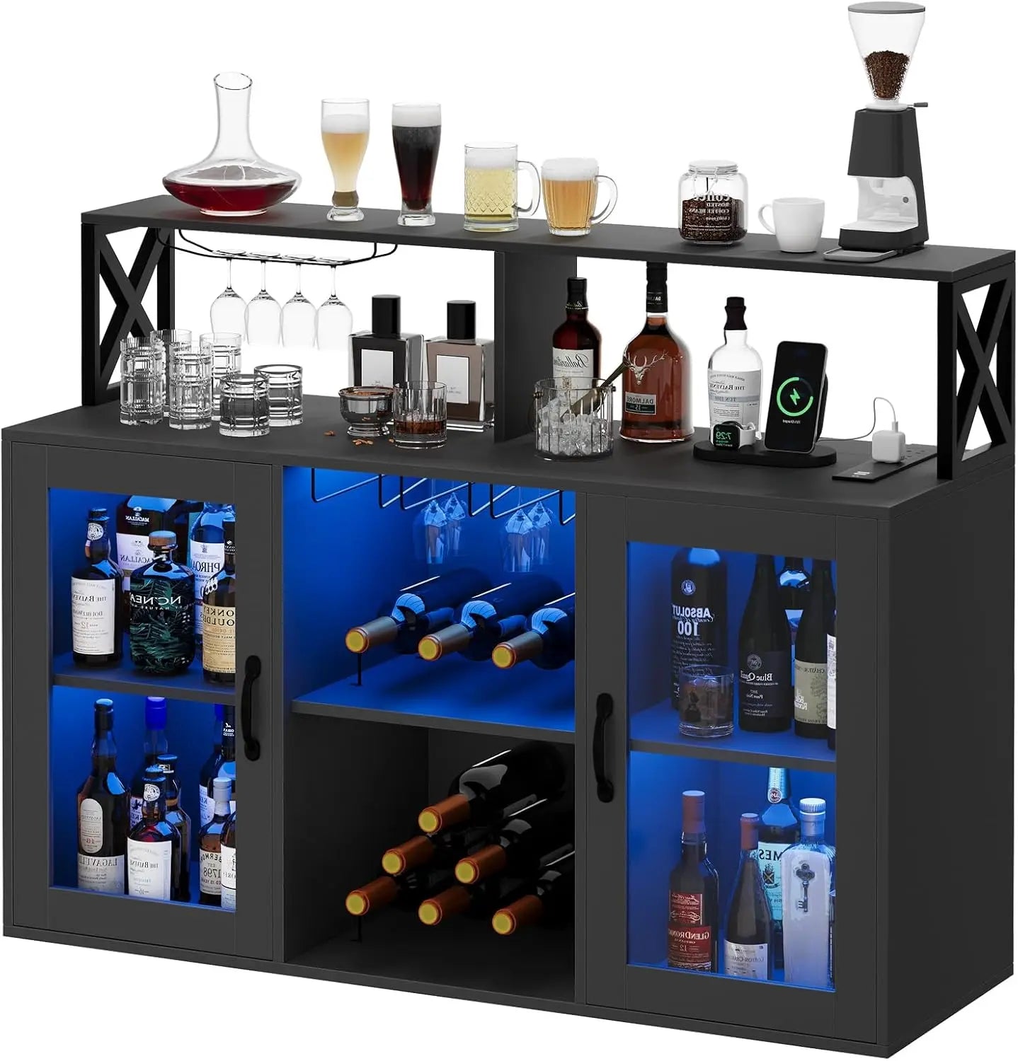 Wine Bar Cabinet with Wine Rack Glass Holder Coffee Bar Storage Cabinet with LED Lights for Home Kitchen Living Room Dining Room