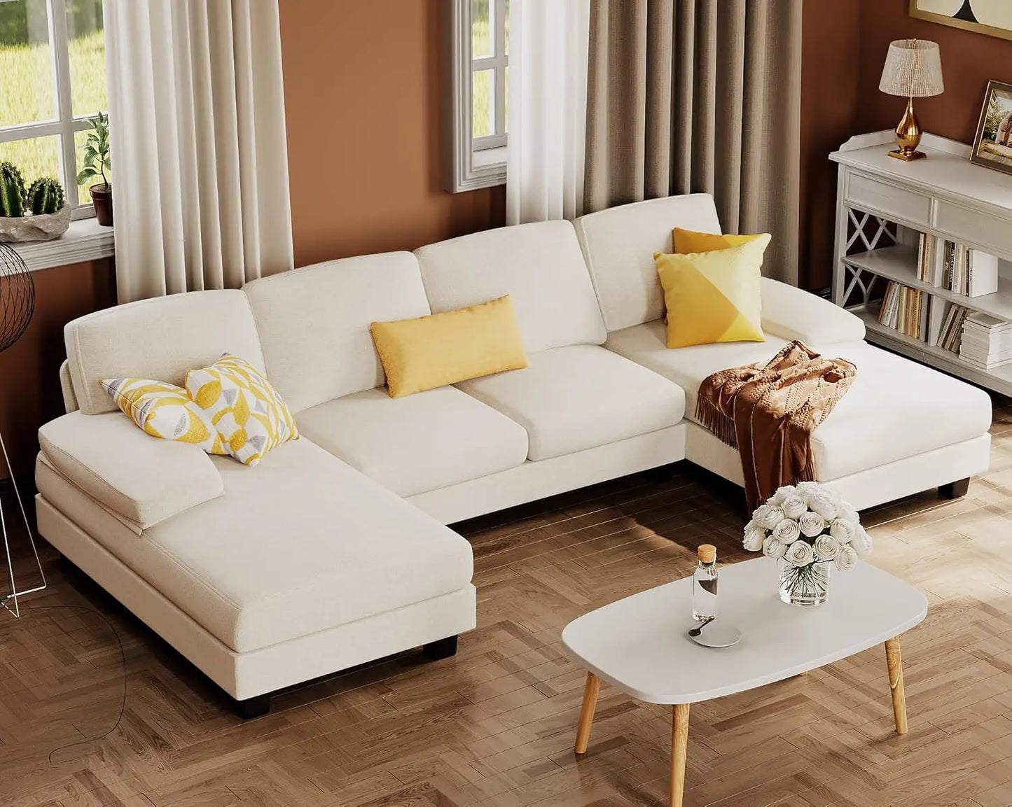 Linen Fabric Sectional Sofa Set U Shaped With Double Chaise 4 Seats Customized