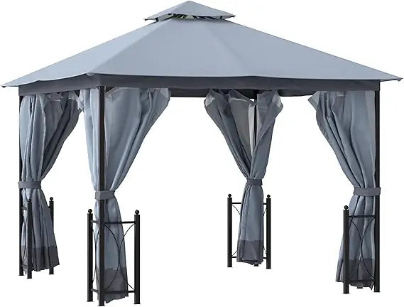 11 Foot x 13 Foot Patio Gazebo Double Roof Outdoor Canopy Shelter with Netting and Curtains Steel Corner Columns for Garden and Lawn