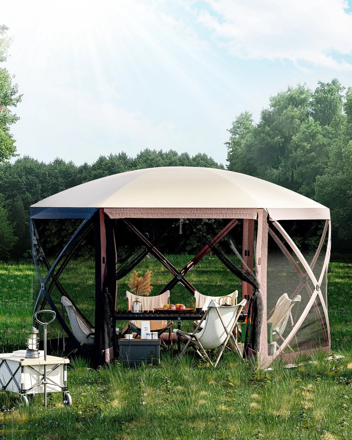 Pop Up Canopy Tent 12x12 Feet Six Sided Pop Up Gazebo Screen Tent with Mesh Windows Portable Carry Bag and Stakes Instant Shade