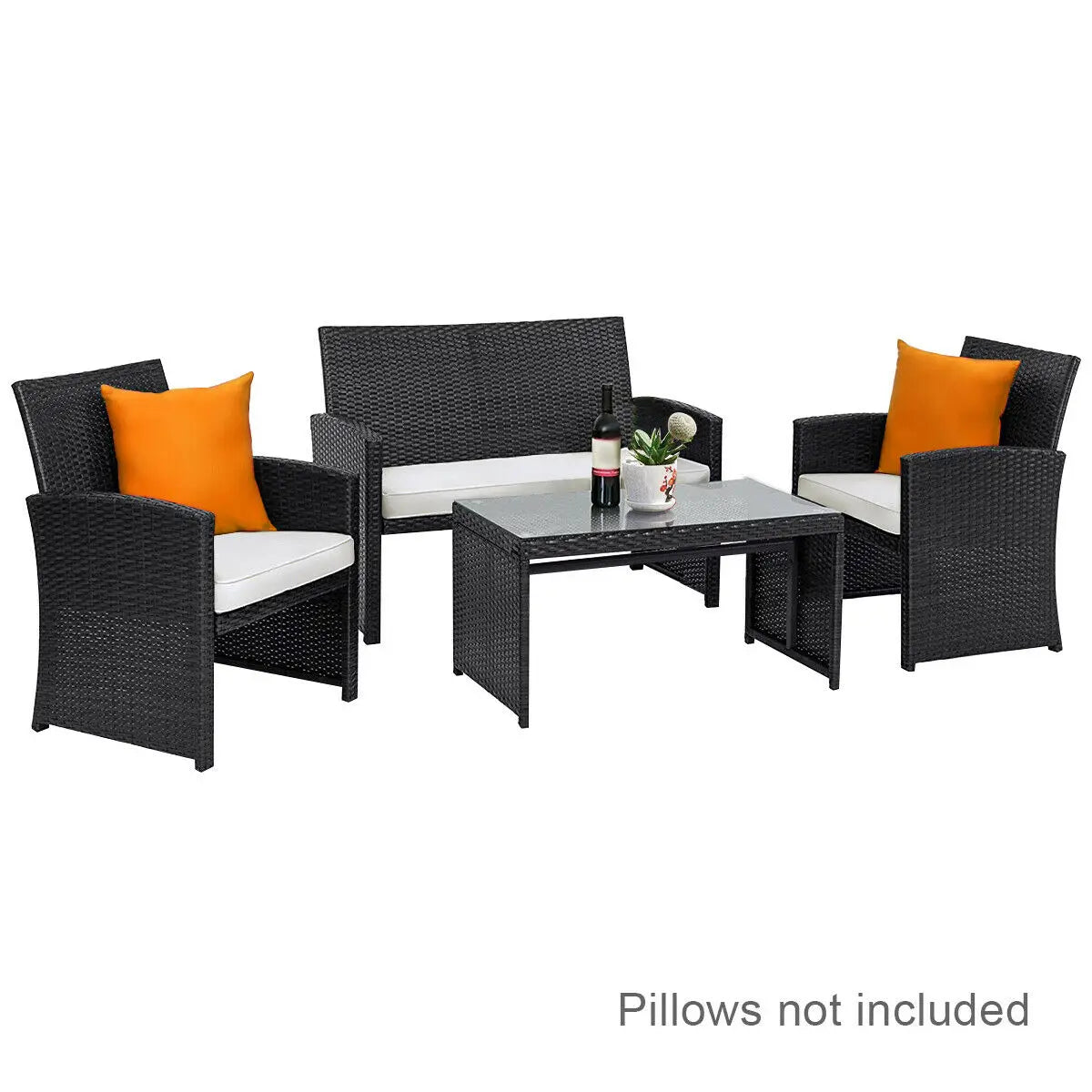 4 Piece Cushioned Patio Rattan Furniture Conversation Set Black Garden Sofa Table