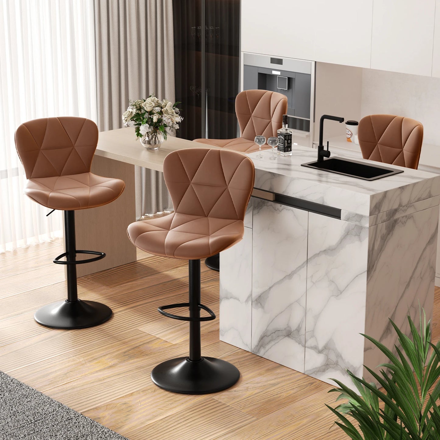 2 Pcs Bar Chair 360 Degree Rotation Adjustable Height Faux Leather Upholstered with Backrest Modern Bar Furniture for Dining Room Kitchen