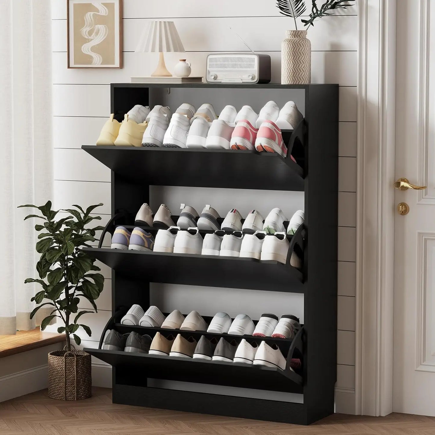 Entryway Wooden Shoe Storage Cabinet With 3 Flip Drawers