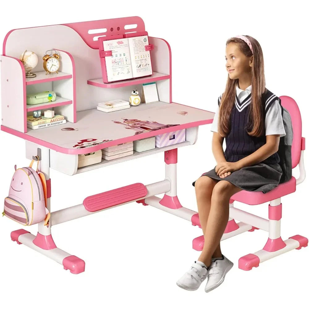 Kids Adjustable Study Table And Chair Set With Bookshelf