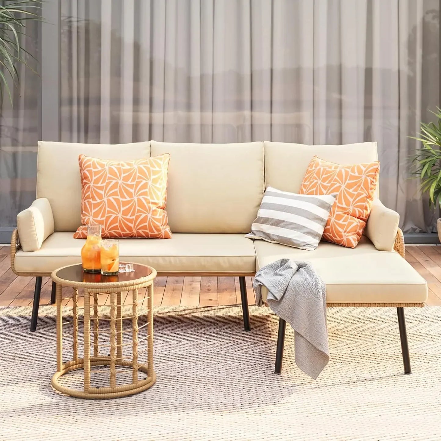 Outdoor Patio Furniture Set, Wicker Rattan L-Shaped Conversation Sectional Sofa Set with Thick Cushions, Detachable Lounger