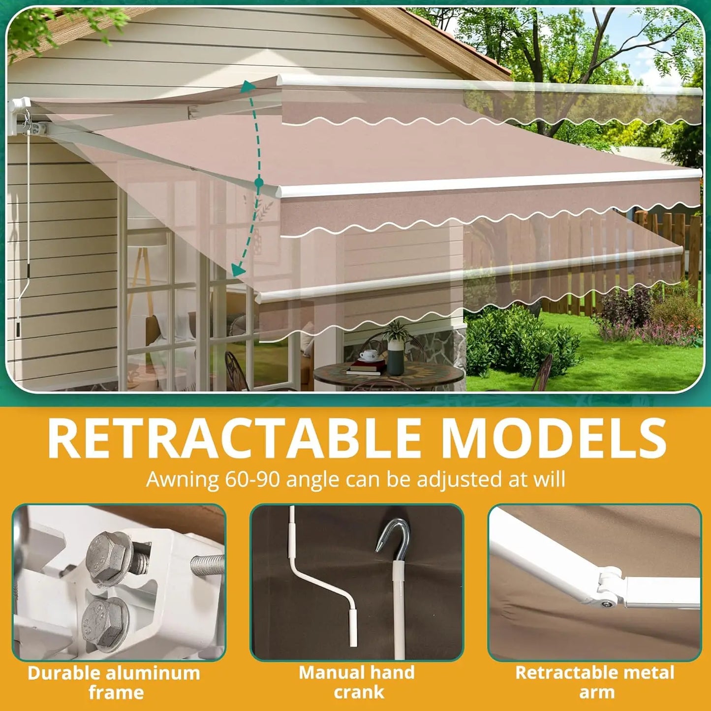 Retractable Awning 13 x 8 ft Sun Shade Shelter Cover,Outdoor Patio Awnings for Shop, Restaurant, Cafe, Courtyard,Balcony