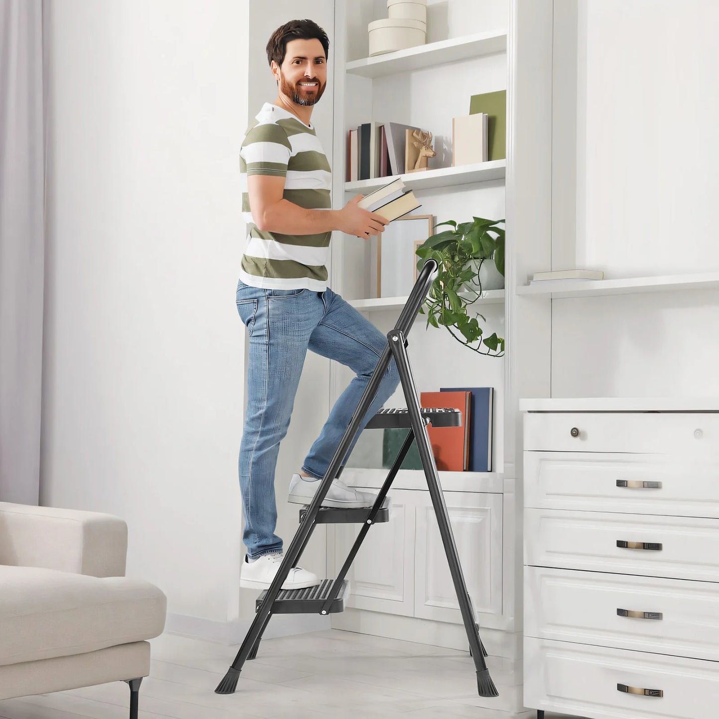 JHK Folding 2/3 Step Ladder Stool with Anti Slip Pedal 800 Pounds Capacity Sturdy Steel Portable Cushioned Handle for Kitchen Home