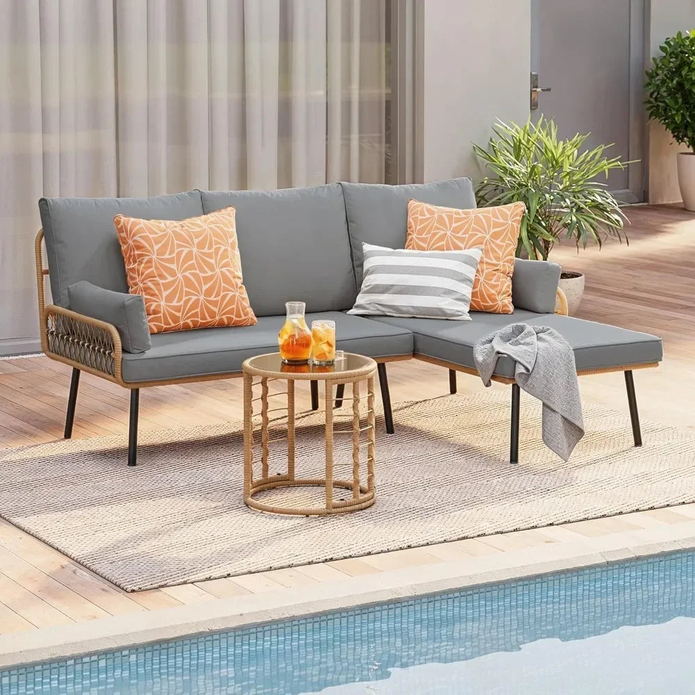 Outdoor Patio Furniture Set, Wicker Rattan L-Shaped Conversation Sectional Sofa Set with Thick Cushions, Detachable Lounger