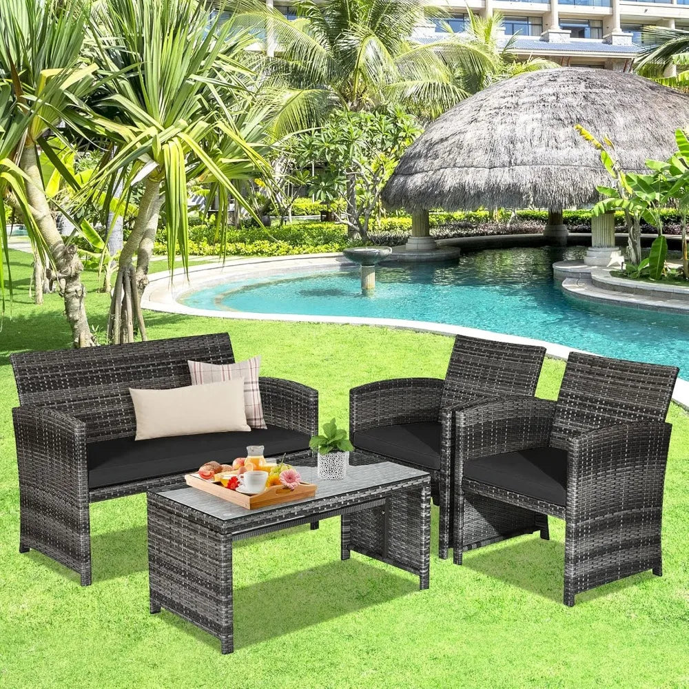 4 Piece Rattan Patio Furniture Set Outdoor Wicker Conversation Sofa with Weather Resistant Cushions and Tempered Glass Tabletop