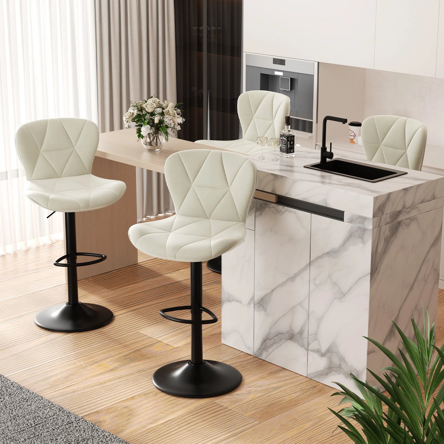 2 Pcs Bar Chair 360 Degree Rotation Adjustable Height Faux Leather Upholstered with Backrest Modern Bar Furniture for Dining Room Kitchen