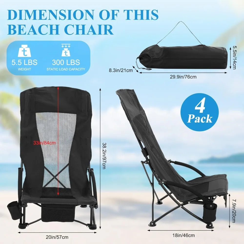 4 Pack Beach Chair for Adult High Back Low Beach Chair Bulk Portable Folding Camping Chairs Lightweight Sand Chairs with Cup Hol
