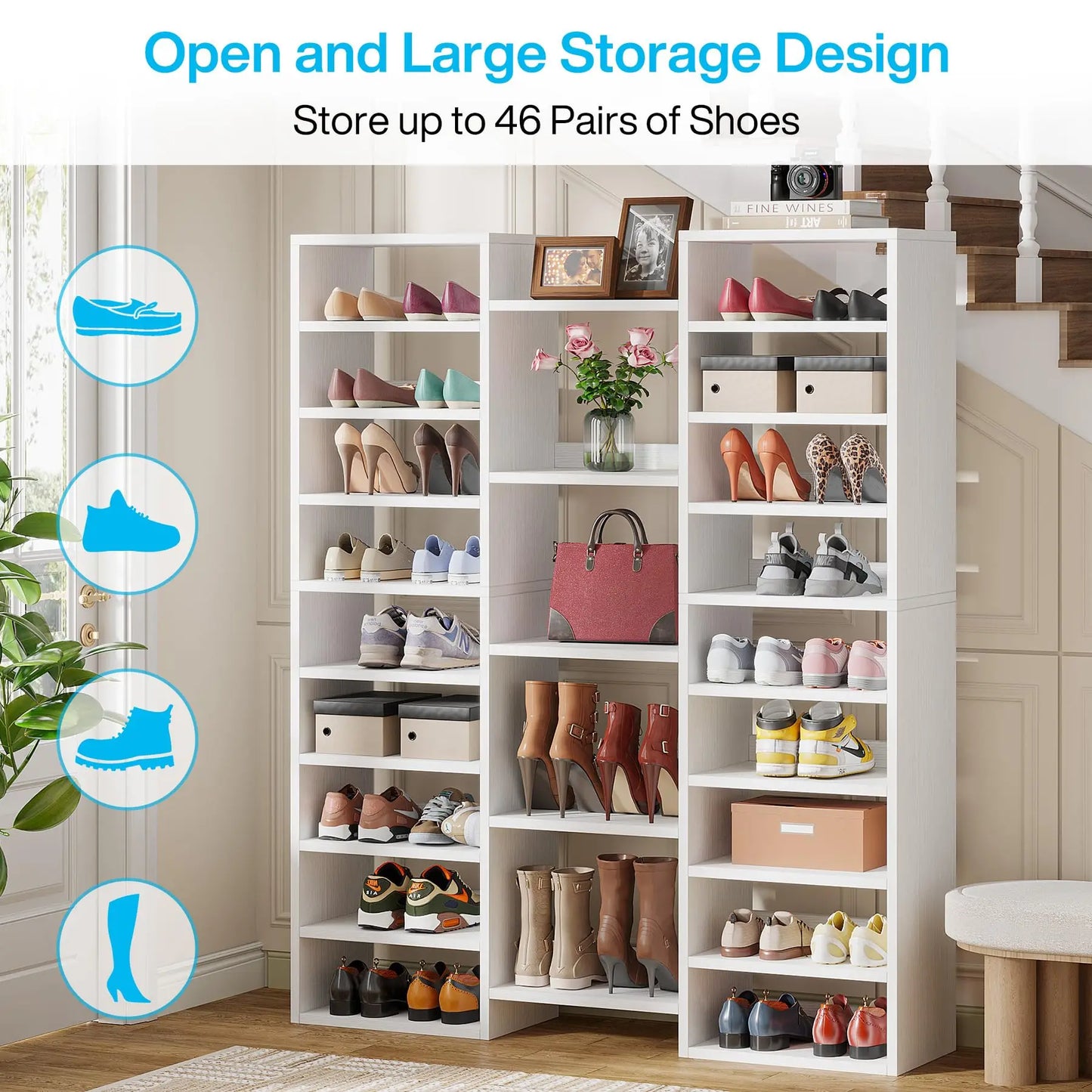 Tribesigns 14 Tier Shoe Rack Freestanding Tall Shoe Shelf White Wooden Shoe Storage Cabinet with 22 Open Cubbies 46 Pairs Wide