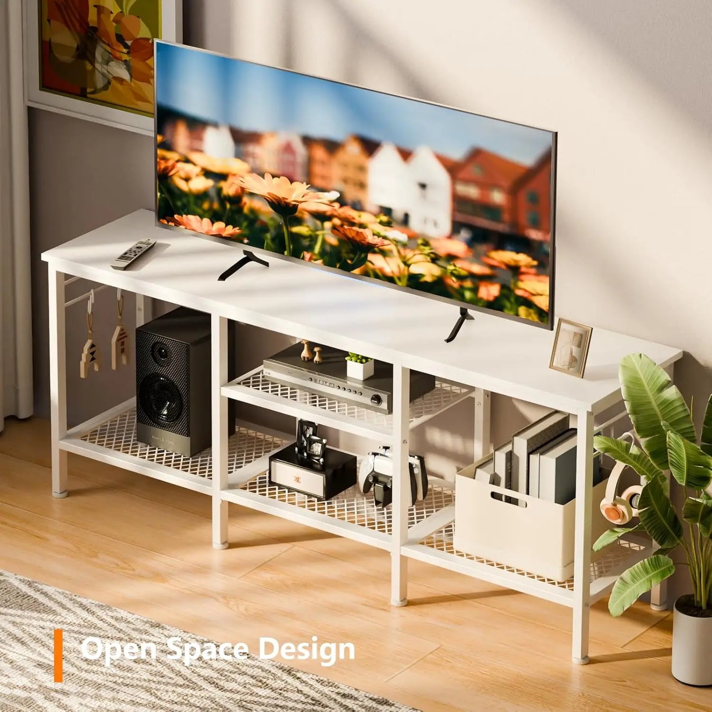 TV Stand for TVs Up to 55 Inch Modern Entertainment Center with Open Storage Shelves and Soundbar Shelf for Living Room and Bedroom White