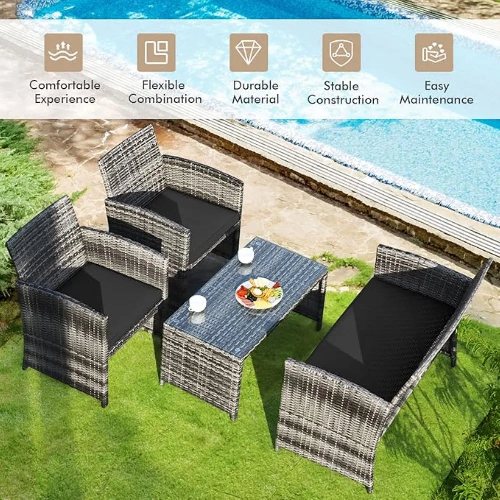 4 Piece Rattan Patio Furniture Set Outdoor Wicker Conversation Sofa with Weather Resistant Cushions and Tempered Glass Tabletop