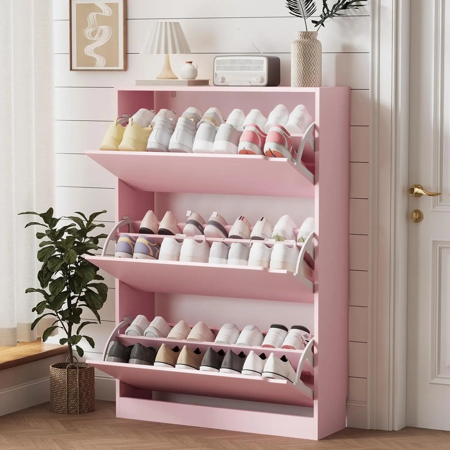 Entryway Wooden Shoe Storage Cabinet With 3 Flip Drawers