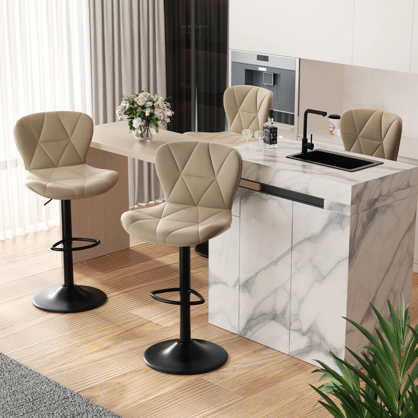 2 Pcs Bar Chair 360 Degree Rotation Adjustable Height Faux Leather Upholstered with Backrest Modern Bar Furniture for Dining Room Kitchen