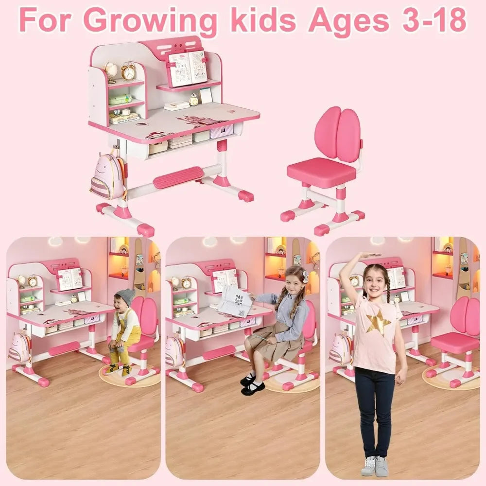 Kids Adjustable Study Table And Chair Set With Bookshelf