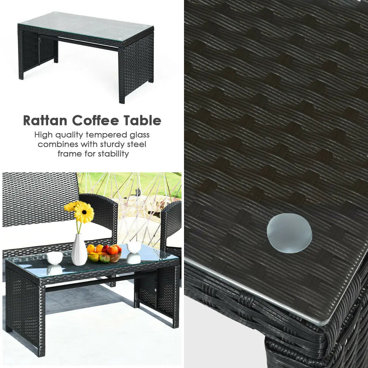 4 Piece Cushioned Patio Rattan Furniture Conversation Set Black Garden Sofa Table