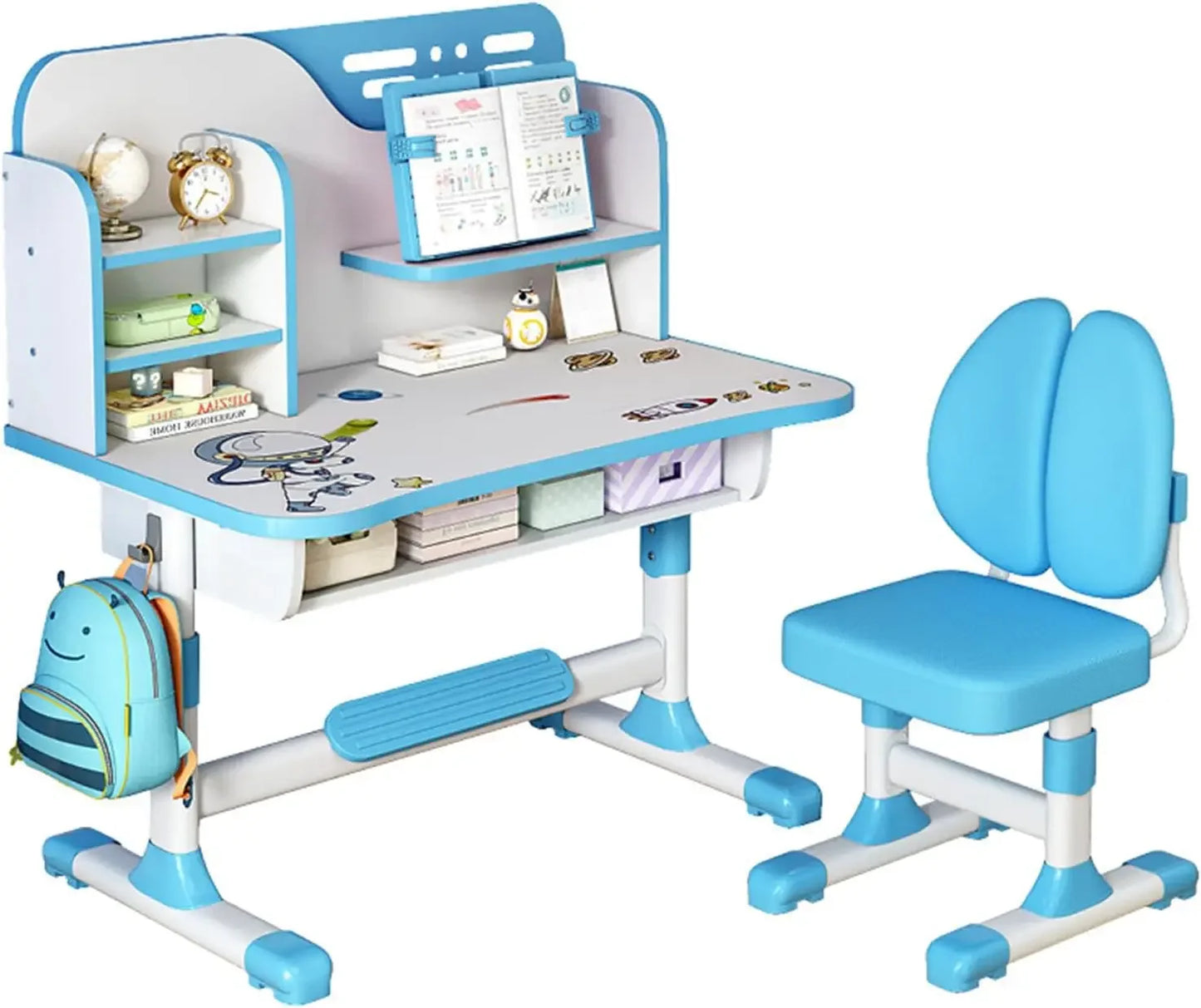 Kids Adjustable Study Table And Chair Set With Bookshelf