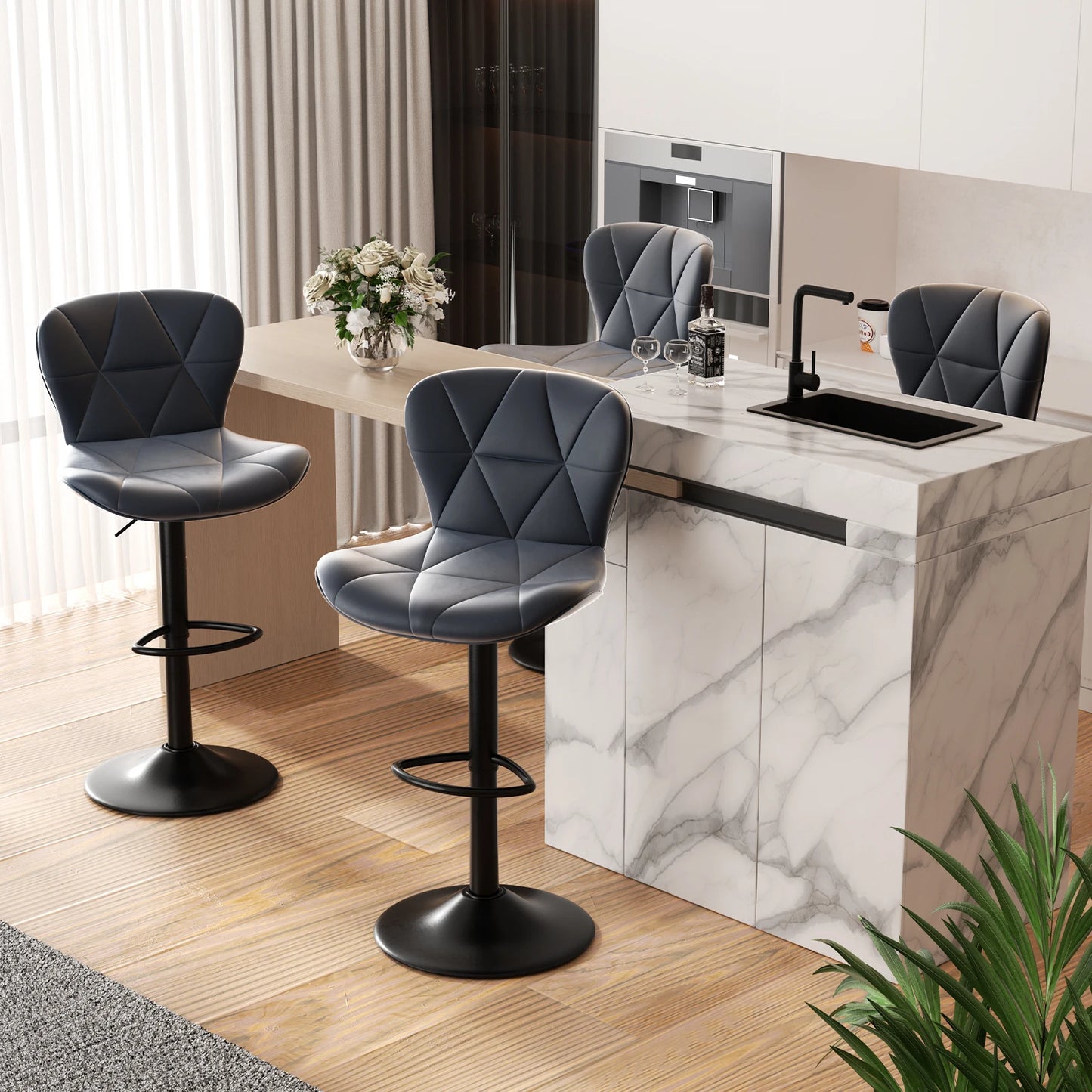 2 Pcs Bar Chair 360 Degree Rotation Adjustable Height Faux Leather Upholstered with Backrest Modern Bar Furniture for Dining Room Kitchen