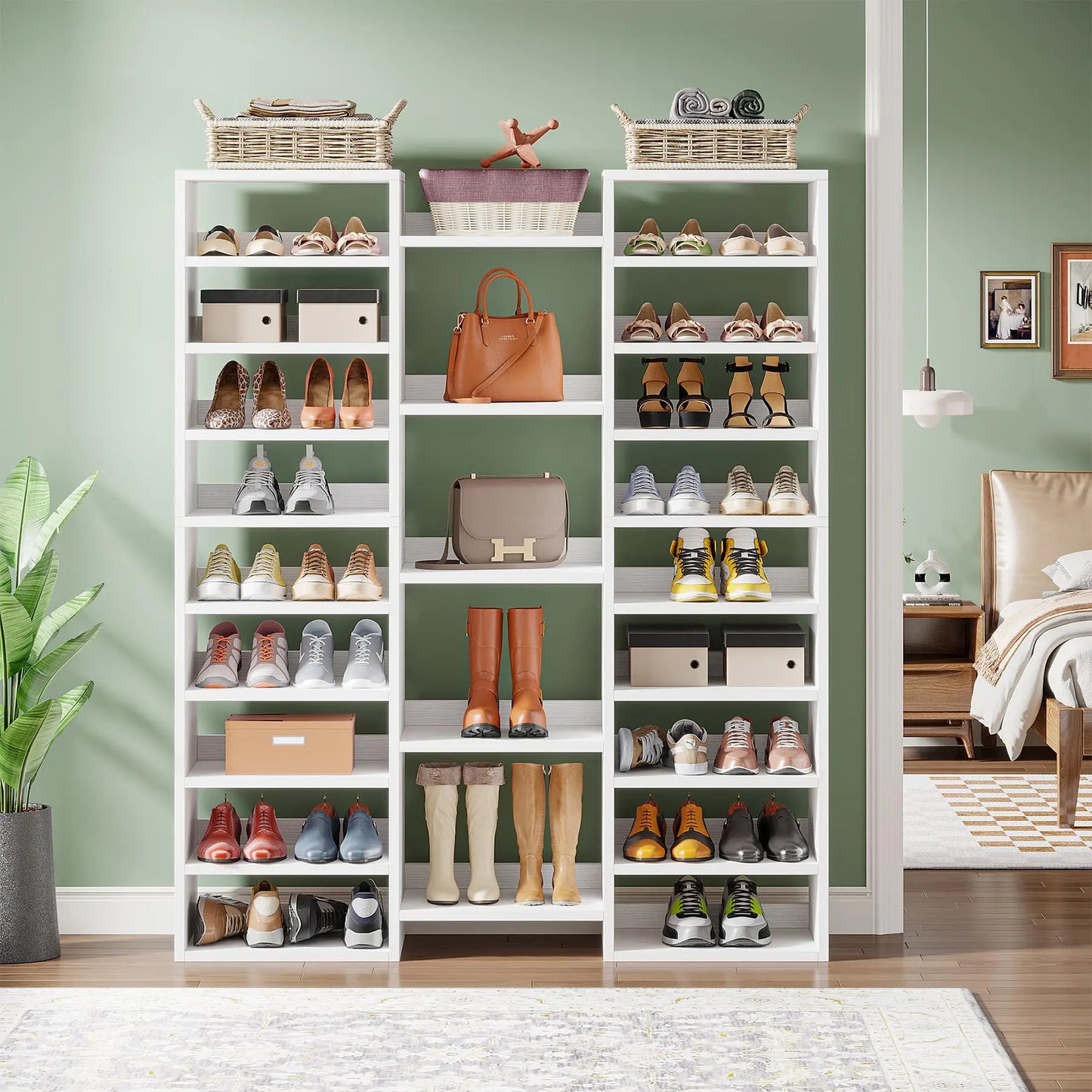 Tribesigns 14 Tier Shoe Rack Freestanding Tall Shoe Shelf White Wooden Shoe Storage Cabinet with 22 Open Cubbies 46 Pairs Wide