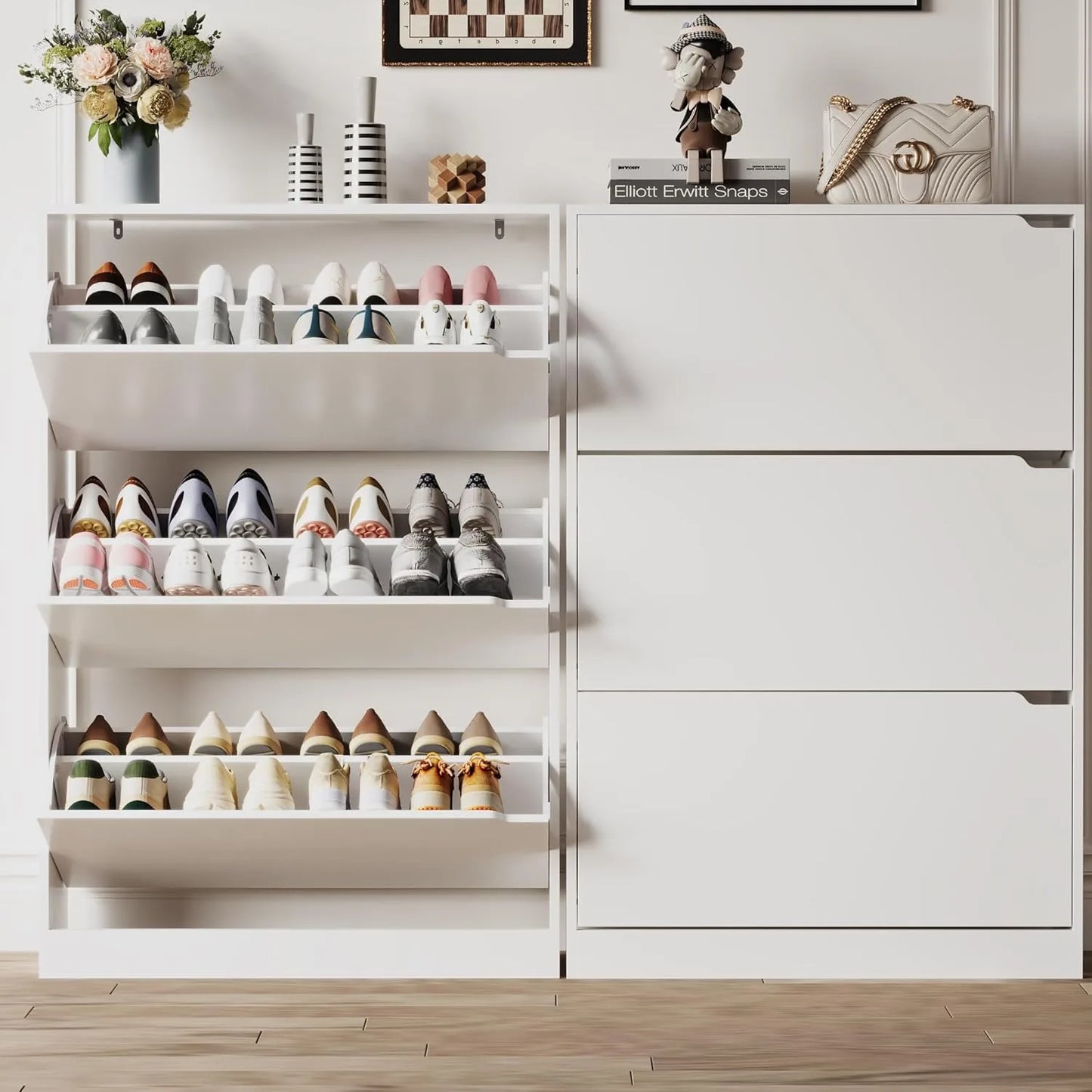 Entryway Wooden Shoe Storage Cabinet With 3 Flip Drawers